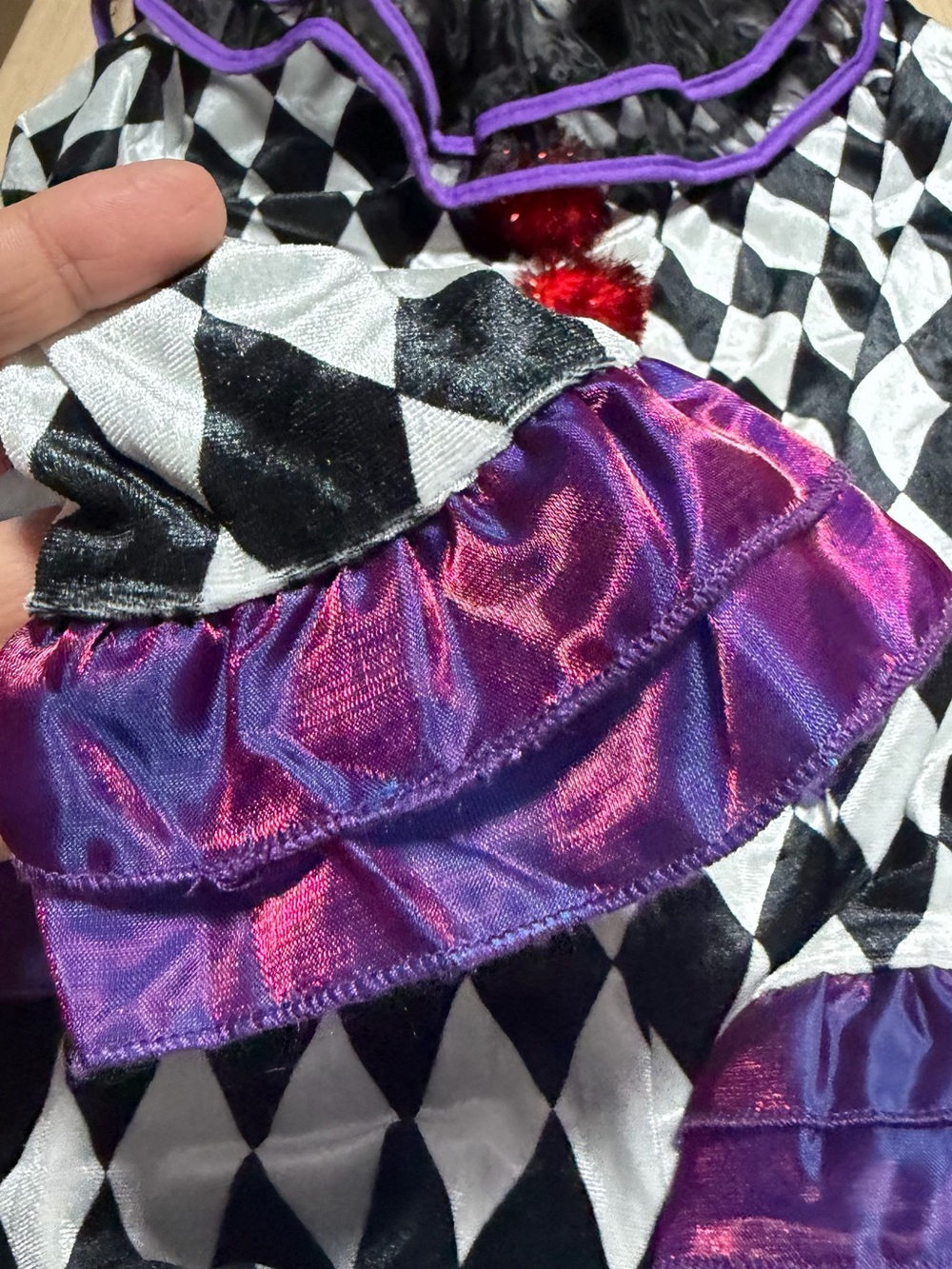 Spirit Black, White & Purple Harlequin Jester Costume with Red Pom - Picture 4 of 7